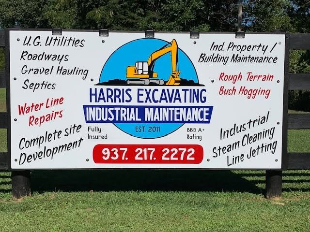 Harris Excavating and Industrial Maintenance road sign listing services, Est. 2011, fully insured, BBB A+